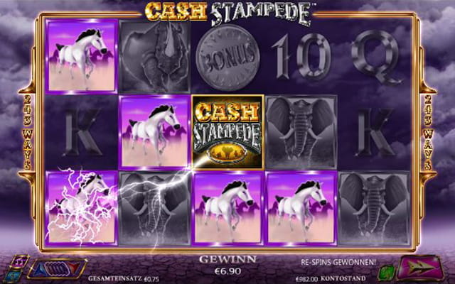 Zu sehen ist der Spielautomat Cash Stampede, bei dem gerade die namensgebende Bonusrunde beginnt.