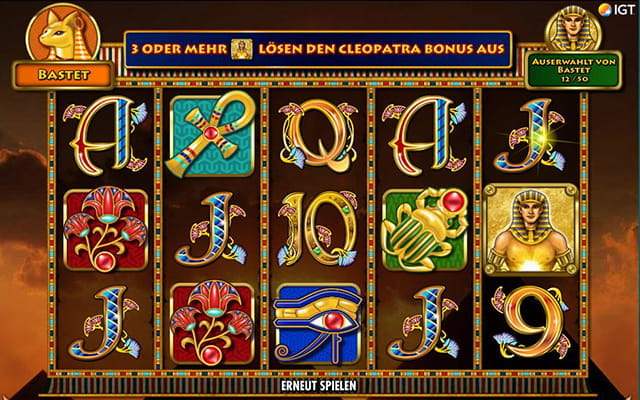 Zu sehen ist der Slot Cleopatra Plus. Der Spieler kann während des Spielens im Level aufsteigen.