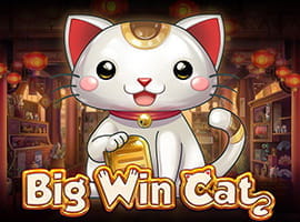 Big Cat Win ist ein asiatisch angehauchter Spielautomat. Das Bild zeigt eine Katze mit Goldtafel in der Pfote.