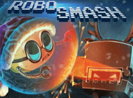 Zu sehen ist ein nachgestellter Kampf zweier Roboter, das Logo des Spiels.