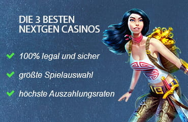 Das Bild zeigt eine bekannte Figur aus einem NextGen Spielautomaten und beschreibt die Vorteile der ausgewählten Casinos.