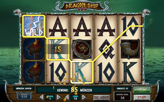 Zu sehen ist der Spielautomat Dragon Ship in dem gerade ein kleinerer Gewinn gemacht wurde.