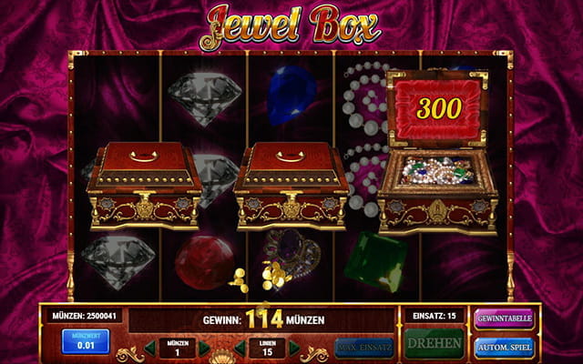 Das Bild Zeigt die Bonusrunde von dem Slot Jewel Box. Der Spieler hat 3 € gewonnen.
