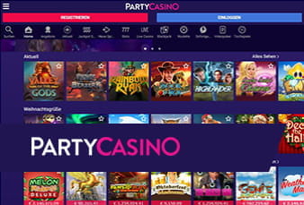 Die mobile PartyCasino Seite mit Spielauswahl und einem QR-Code