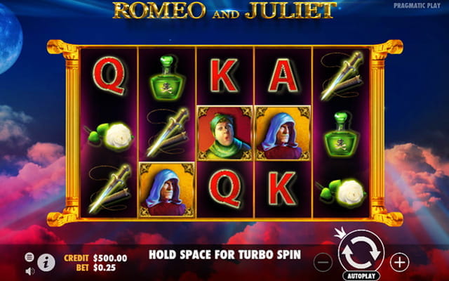 Das Bild zeigt den Startbildschirm des Romeo and Juliet Slot mit 3 Walzen und 5 Reihen. Zu sehen ist das Rosen Symbol und einige mehr. 