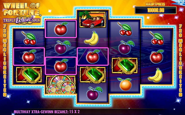 Zu sehen ist der Spielautomat Wheel of Fortune Triple Extreme! Spin von IGT auf dem der Spieler gerade einen kleineren Gewinn macht.