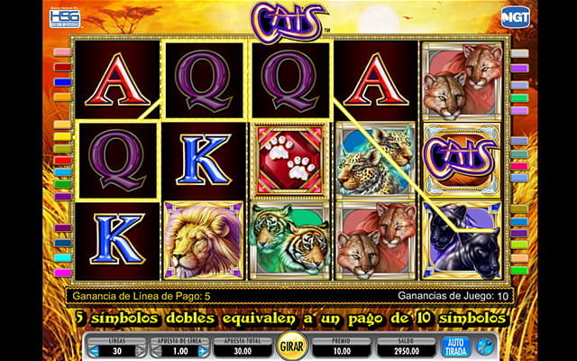 Los cinco tambores de la slot Cats durante una partida con una combinación ganadora.