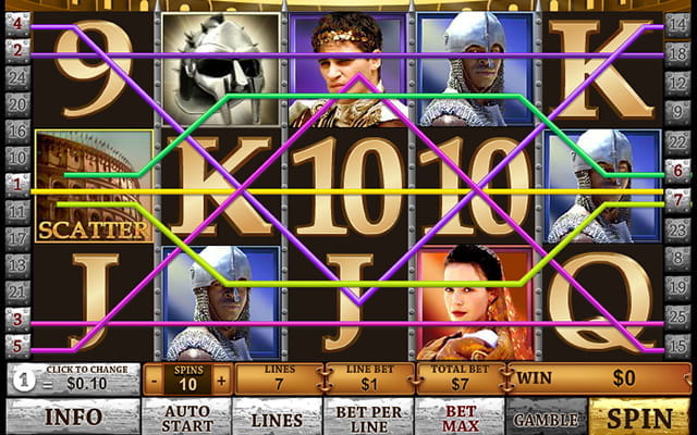 Pantallazo de la slot Gladiator. Tres líneas y 5 rodillos con numerosas líneas de pago que aparecen a los márgenes. Se muestran los personajes principales que constituyen los símbolos junto al scatter representado por el anfiteatro Flavio y los números 10 y 9 además de la K, la Q y la J.