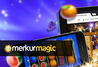 Se muestra la página de inicio de la aplicación móvil del casino. Sobre un fondo azul se puede ver un teléfono móvil con una de las populares tragaperras del casino.