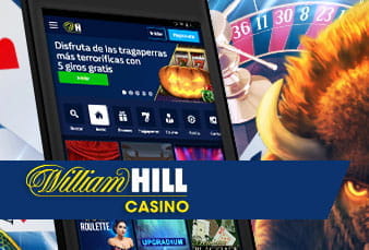 Página de inicio del casino William Hill donde aparecen las distintas opciones del casino, así como las primeras tragaperras del catálogo que ofrece el operador.
