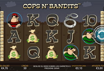 Pantalla principal de la slot Cops n' Bandits con sus cinco rodillos y algunos de los símbolos.