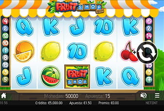 Tragaperras Fruit Shop del proveedor NetEnt. Se muestra la pantalla principal de la slot con sus diversos símbolos.