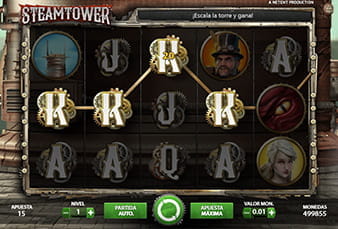 Pantalla principal de la slot Steam Tower, disponible en el casino Paf, con una combinación ganadora marcada.