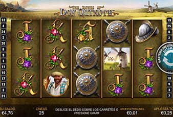 Pantalla principal de la slot The Riches of Don Quixote con sus cinco rodillos y algunos de los principales símbolos como el yelmo, el escudo, los molinos de viento, Sancho Panza, y las letras A, K y J.