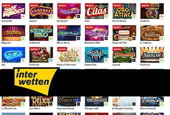 Pantallazo del catálogo de tragaperras a las que se puede acceder desde la app móvil de Interwetten casino. Se muestran imágenes de diversas slots de temática variada.