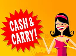 Portada de la slot Cash & Carry con su coqueta protagonista señalando el título de la máquina.