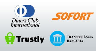 Logotipos de los pagos aceptados en el casino William Hill, entre otros: Diners Club International, transferencia bancaria, Sofort, Trustly.