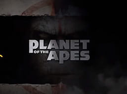 Portada de la slot Planet of the Apes con el título de la máquina y un primer plano de uno de los protagonistas.