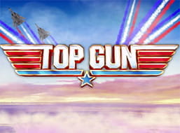 Portada con el título de la slot, Top Gun, con varias estelas con los colores de la bandera de Estados Unidos.