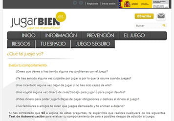 Se muestra la página de inicio de la organización gubernamental JugarBien la cual proporciona tests de comportamiento para evaluar la adicción al juego.