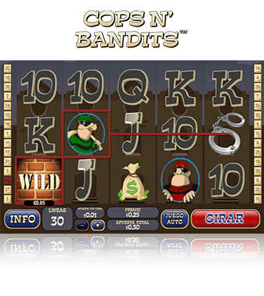 Pantallazo de la slot Cops N' Bandits en el que aparecen todos los símbolos de la slot. Diferentes letras y números: Q, K, J y 10. También se muestran los símbolos de las esposas, el botín, los ladrones Skinny Larry y Tiny George además del símbolo wild que es un muro.
