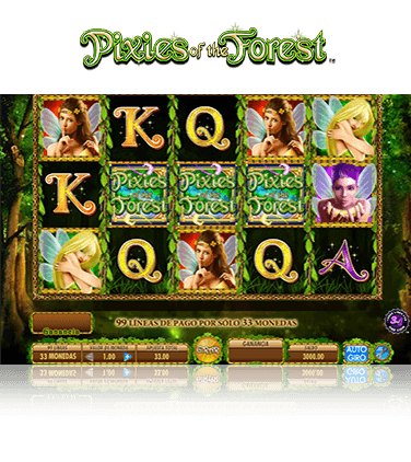 Pantallazo de la slot Pixies of the Forest en el que se muestran los 5 rodillos de la slot en un momento del juego. Sobre el decorado mágico de un bosque se pueden ver en la pantalla principal los diferentes símbolos, las letras K, Q y A además de las hadas que caracterizan esta tragaperras.