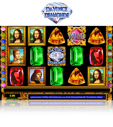Imagen del juego Da Vinci Diamonds. Eb la pantalla principal se pueden ver los diversos símbolos de la slot representados por famosos cuadros de Leonardo da Vinci; además de los iconos de diferentes diamantes.