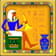 Un faraón egipcio sentado en un trono verde con un jarrón azul a sus pies y una trompeta egipcia dorada en la mano. 