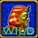 Una máscara de faraón de perfil dorada y roja sobre un fondo azul oscuro. En la parte inferior, la palabra wild en letras verdes.