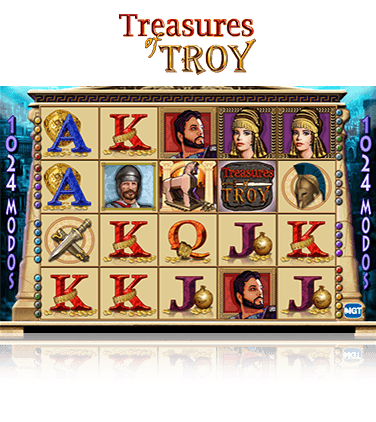 Captura de la pantalla de Treasures of Troy, mostrando los 5 tambores y los iconos de Helena, Paris y Menelao entre otros.