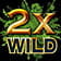 Símbolo con la palabra x2 Wild en dorado y marrón sobre un fondo verde asimétrico.