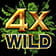 Símbolo con la palabra x4 Wild en dorado y marrón sobre un fondo verde asimétrico.