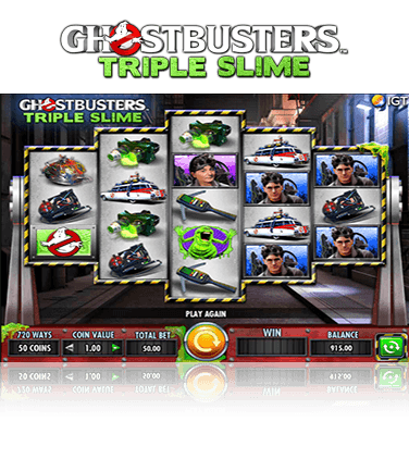 Los 5 rodillos con diferente número de filas en cada uno; es el panel de juego de la tragaperras Ghostbusters Triple Slime.
