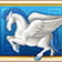 El caballo alado pegaso. Es totalmente blanco, excepto por los cascos, las crines y la cola, que son azules. El fondo de la imagen también es azul.