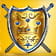 Un escudo dorado ovalado con tres picos en la parte superior con dos espadas azules cruzadas detrás.