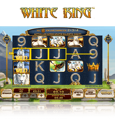 Se ve la pantalla de juego de la tragaperras White King de Olaytech. Se ven sus 5 carretes y 3 filas con múltiples de sus símbolos distribuidos por los carretes.