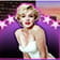 Marilyn Monroe con un escotado vestido blanco. Tiene los brazos pegados a los lados del cuerpo y está ligeramente inclinada hacia delante. Al fondo, unas estrellas claras forman un arco. 