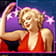 Solo se ve la parte superior del cuerpo de Marilyn Monroe, pero se ve que está sentada en el suelo. Apoya su brazo derecho en la rodilla derecha. Con esta misma mano juega con uno de sus mechones rubios. Lleva un vestido rojo. Al fondo, unas estrellas claras forman un arco. 