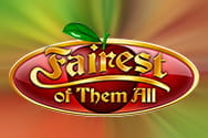 Portada de la slot Fairest of Them All, con el nombre de la tragaperras y una manzana de fondo y los 7 enanitos en el frente.