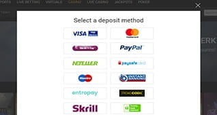 The logos of the payment options available at bwin Casino to UK customers, including of Visa, Mastercard, PayPal, paysafecard, Neteller, Maestro, Entropay, and Skrill
