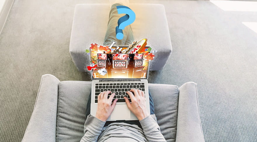 A Laptop that depicts Fruit Machines on its Screen and Many Chips Are Falling from the Sky