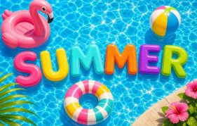 A Pool with Inflatable Toys and the Word "Summer"