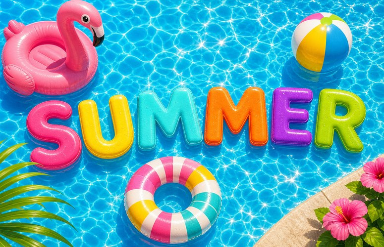 A Pool with Inflatable Toys and the Word "Summer"