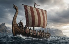 A Viking Ship Sailing in the Sea