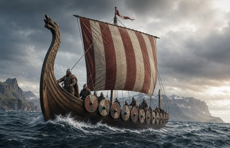 A Viking Ship Sailing in the Sea