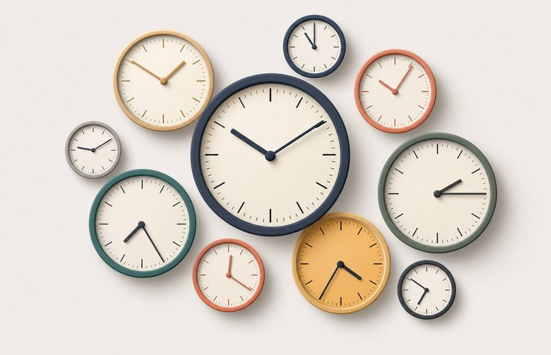 Multiple Clocks on a Plastic Beige Background
