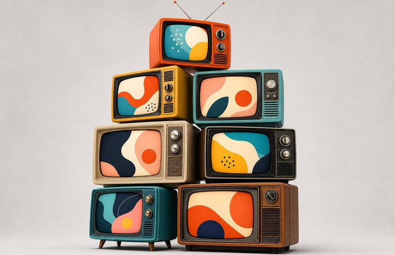 Several Retro TVs Against a Neutral Wall Background
