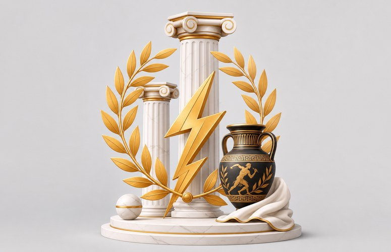 Greek Mythology Slots Art: Columns, Zeus's Lightning Bolt, Laurel Wreath