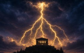 Lightning Bolt Splitting Into Five Smaller Bolts Over a Greek Temple, Illustrating the Hacksaw Gaming Zeus Series