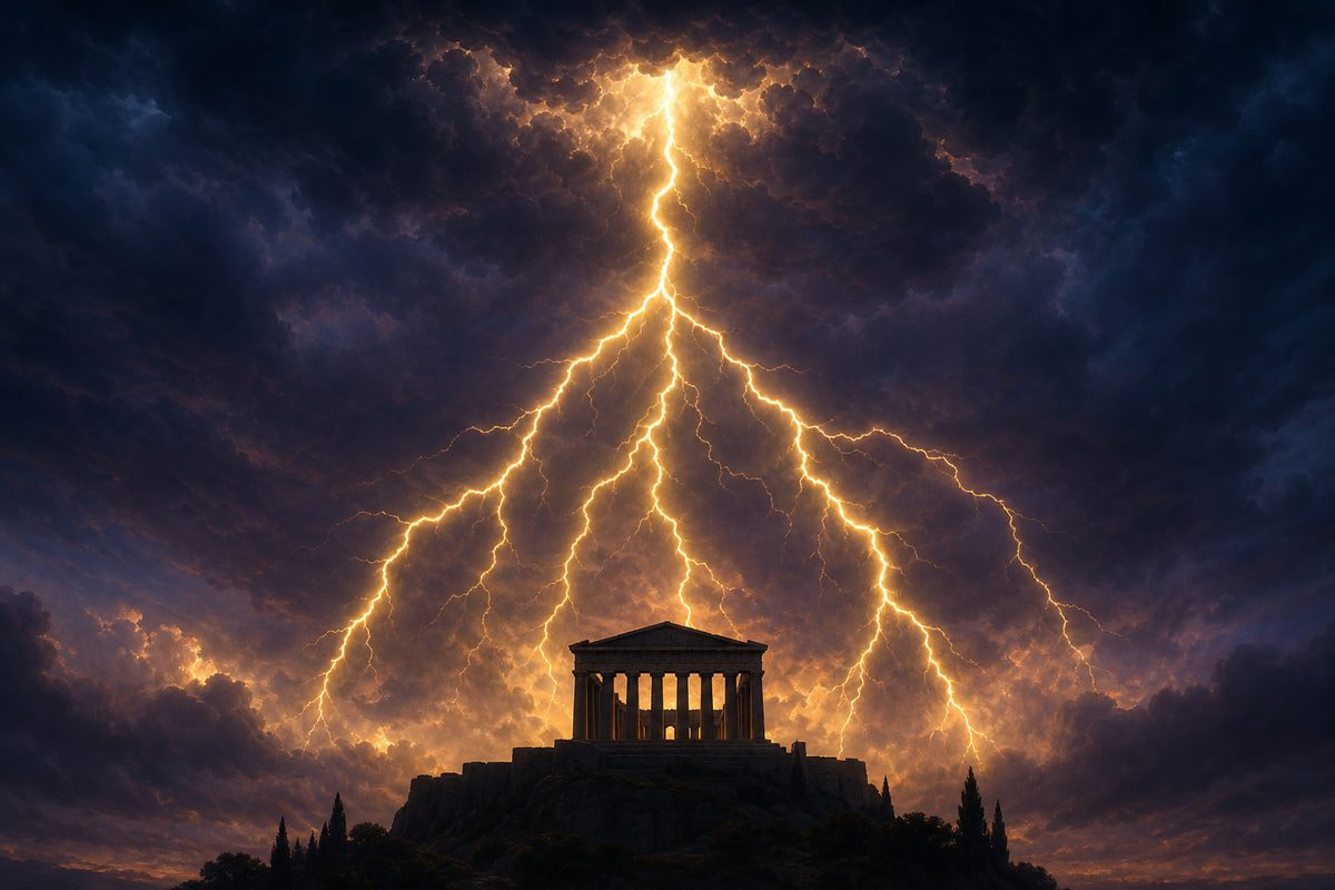 Lightning Bolt Splitting Into Five Smaller Bolts Over a Greek Temple, Illustrating the Hacksaw Gaming Zeus Series